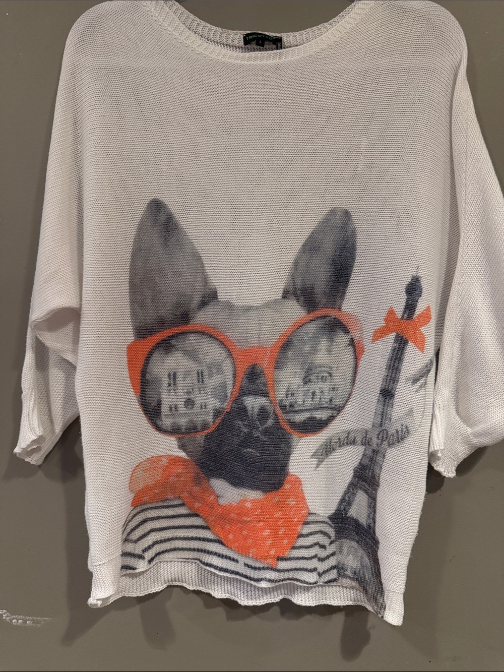 Tricotto White Knit Dog Graphic Sweater with Orange Accents